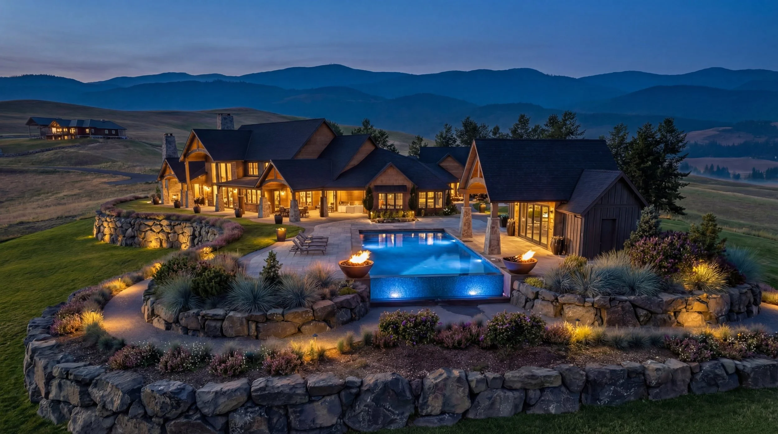 Solitude infinity pool, fire bowls and terraced gardens lit at dusk