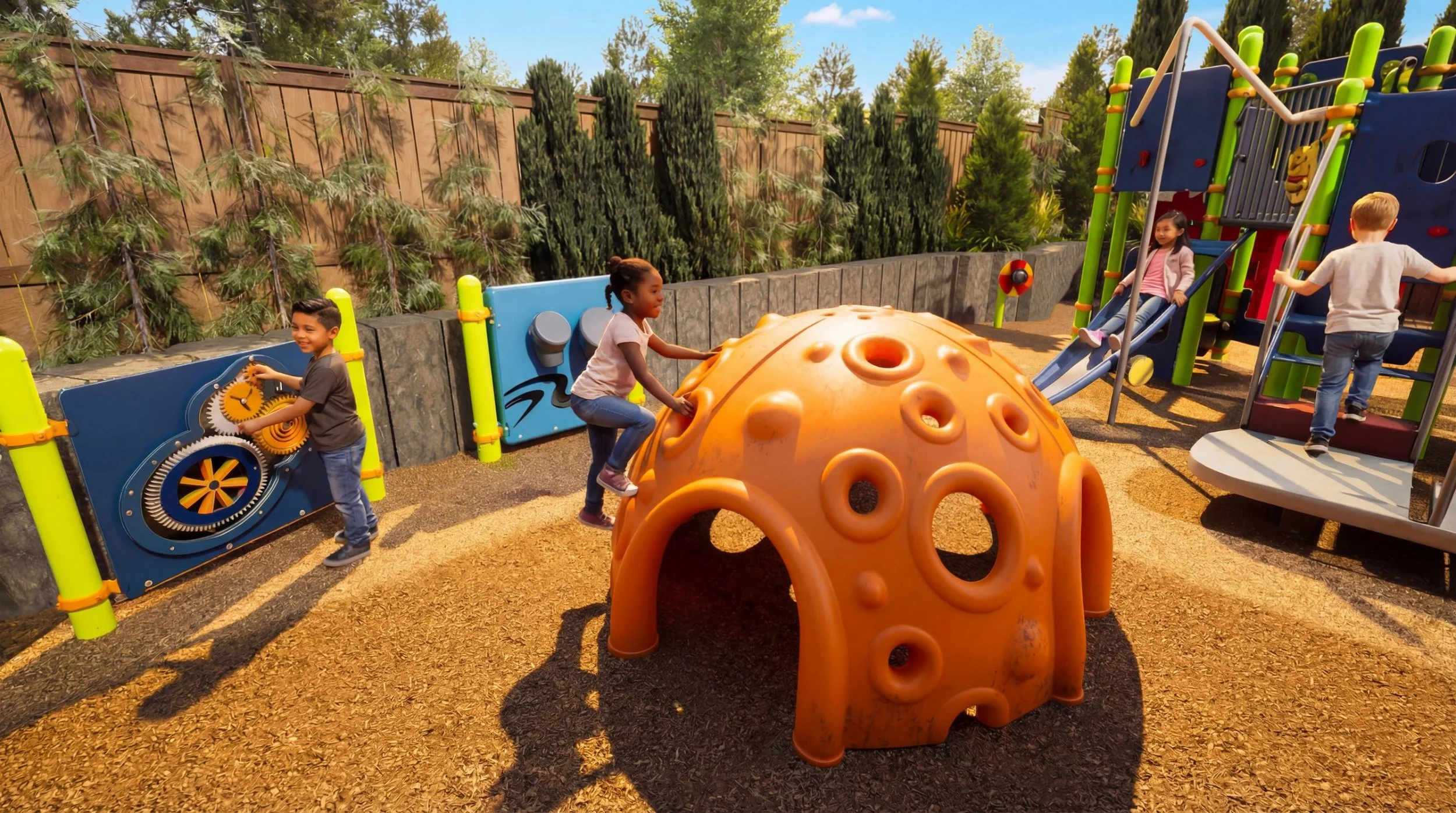 Orange climbing dome and sensory play panels in the play yard