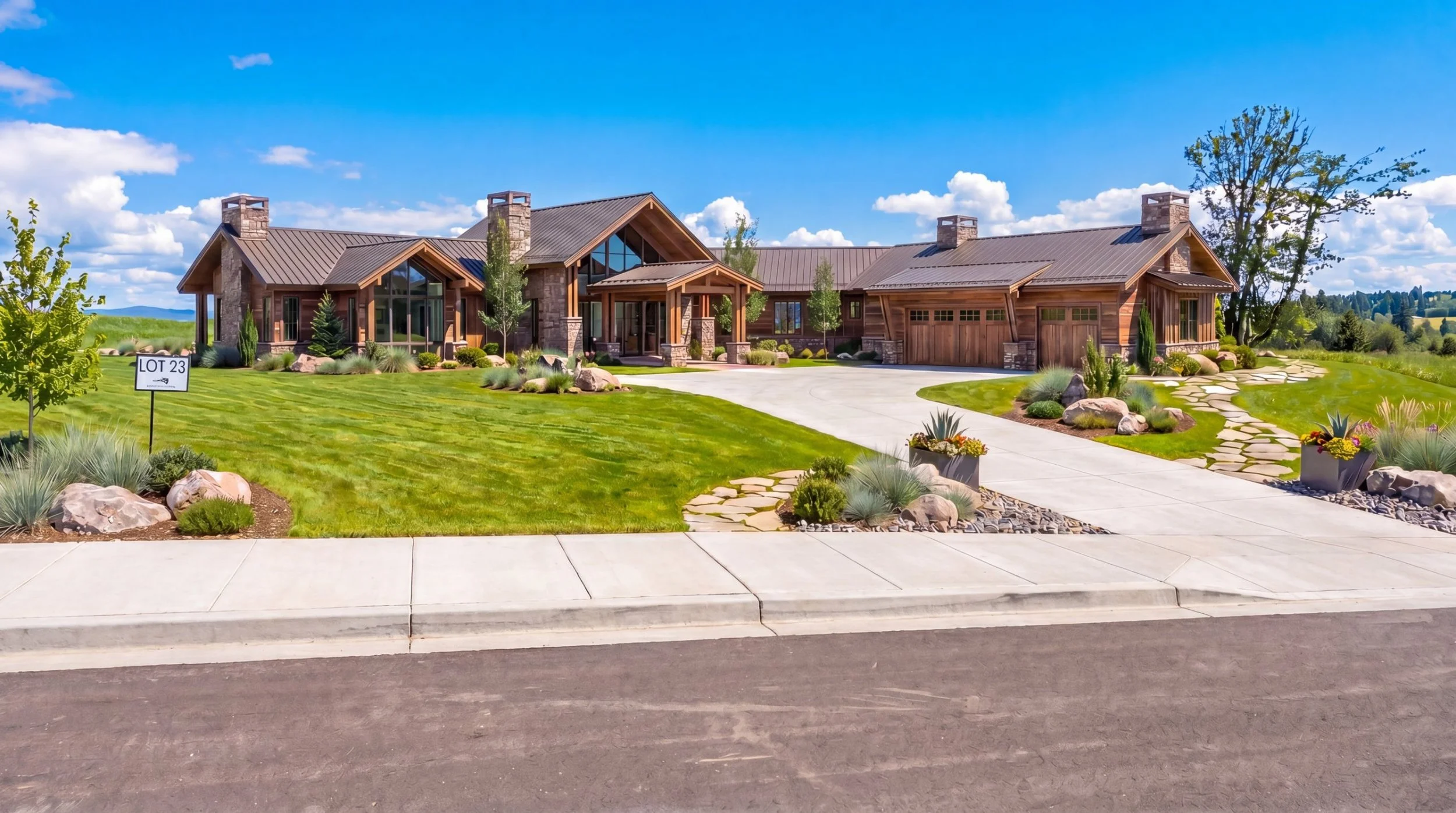 Woodland Residence from the street, a timber and stone ranch home with a curved driveway and native landscaping