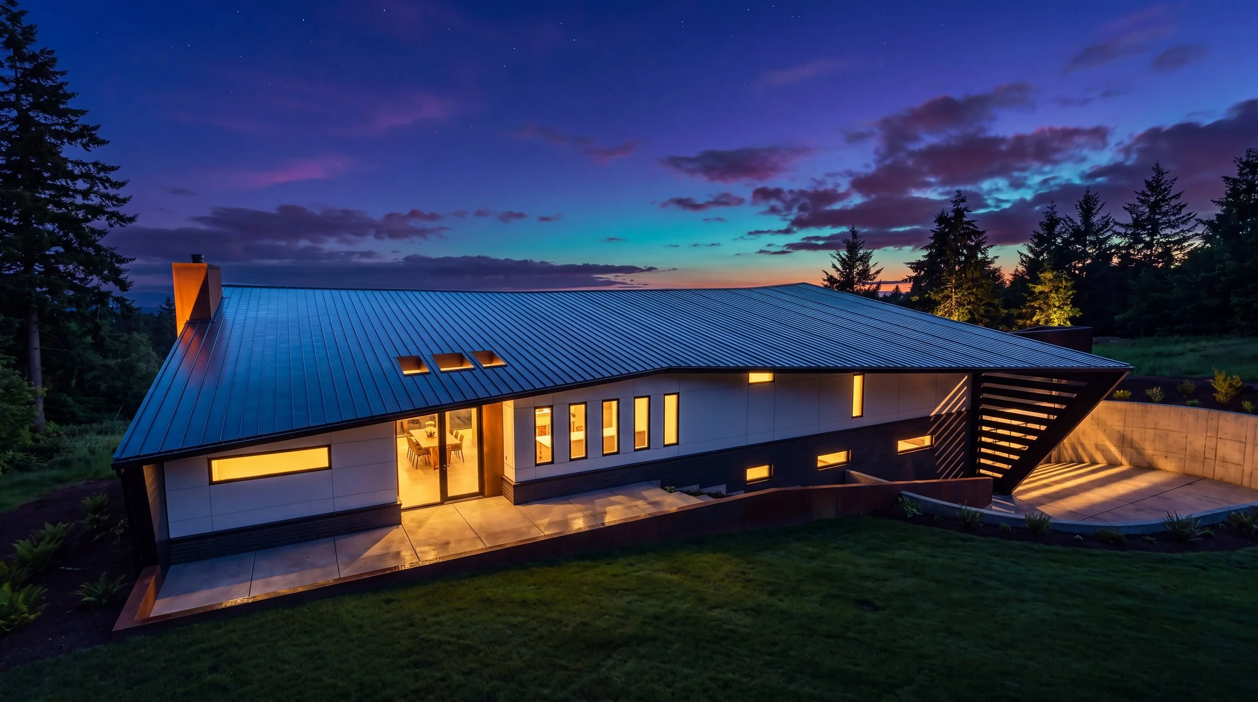Dennis Residence, standing-seam roof and patio at dusk