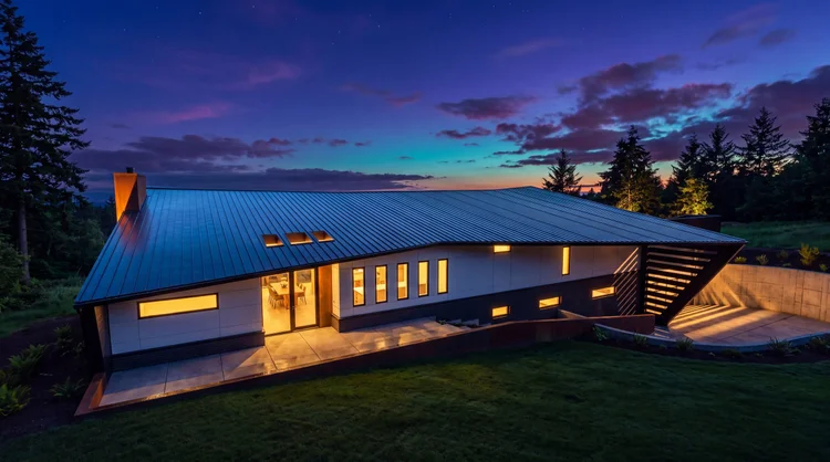 Dennis Residence, standing-seam roof and patio at dusk