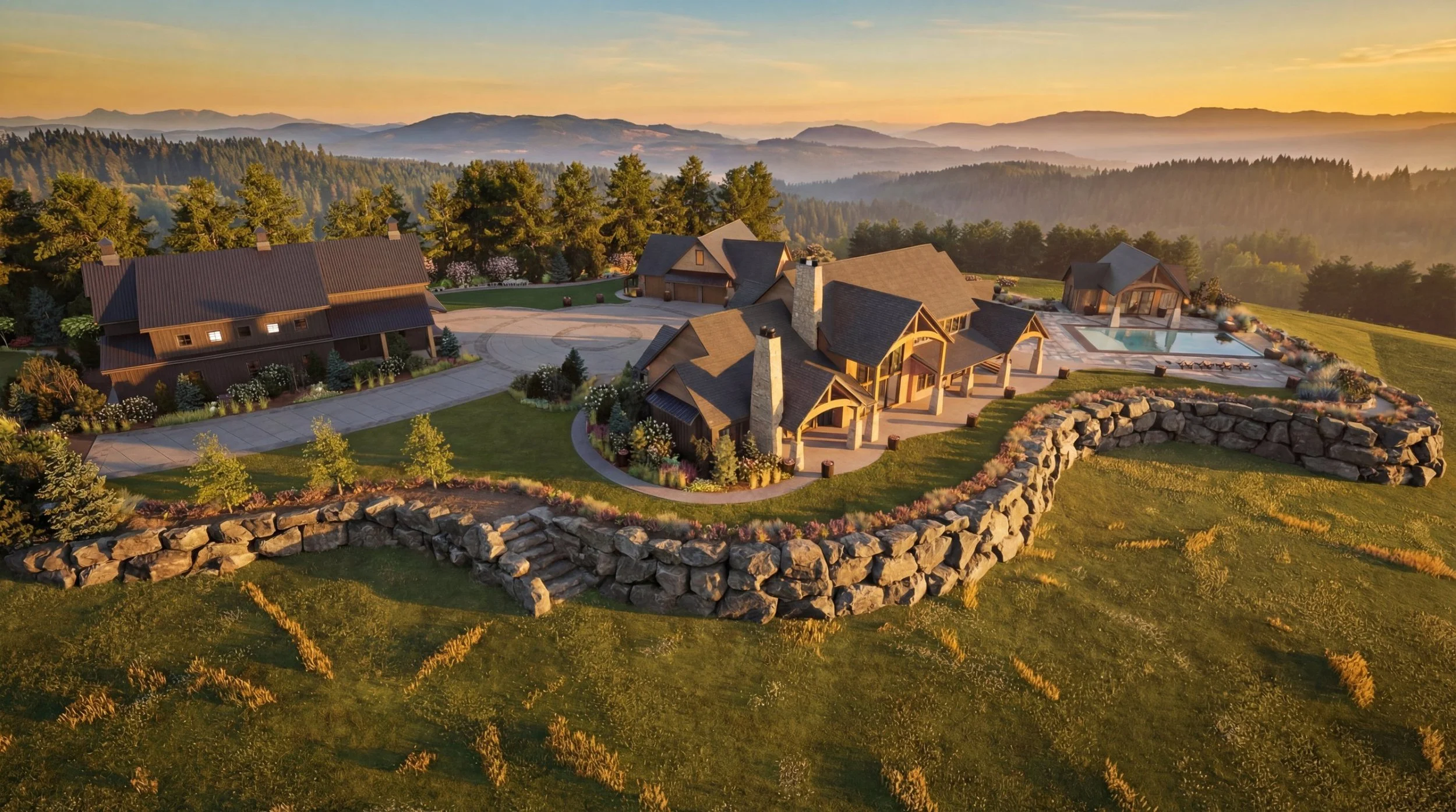 Solitude estate at sunset ringed by a boulder retaining wall above forested hills
