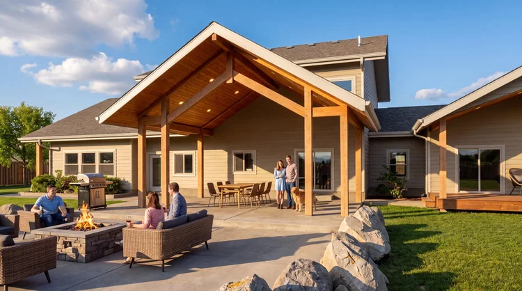 The Nelson Addition timber-frame gable over the outdoor dining area, with family gathered around the fire table