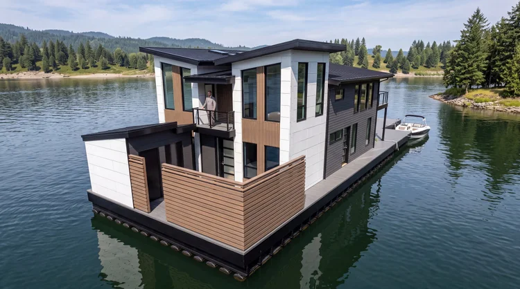 Aerial view of The Golden Floating Home, a two-story modern houseboat on a forested lake with a boat tied alongside