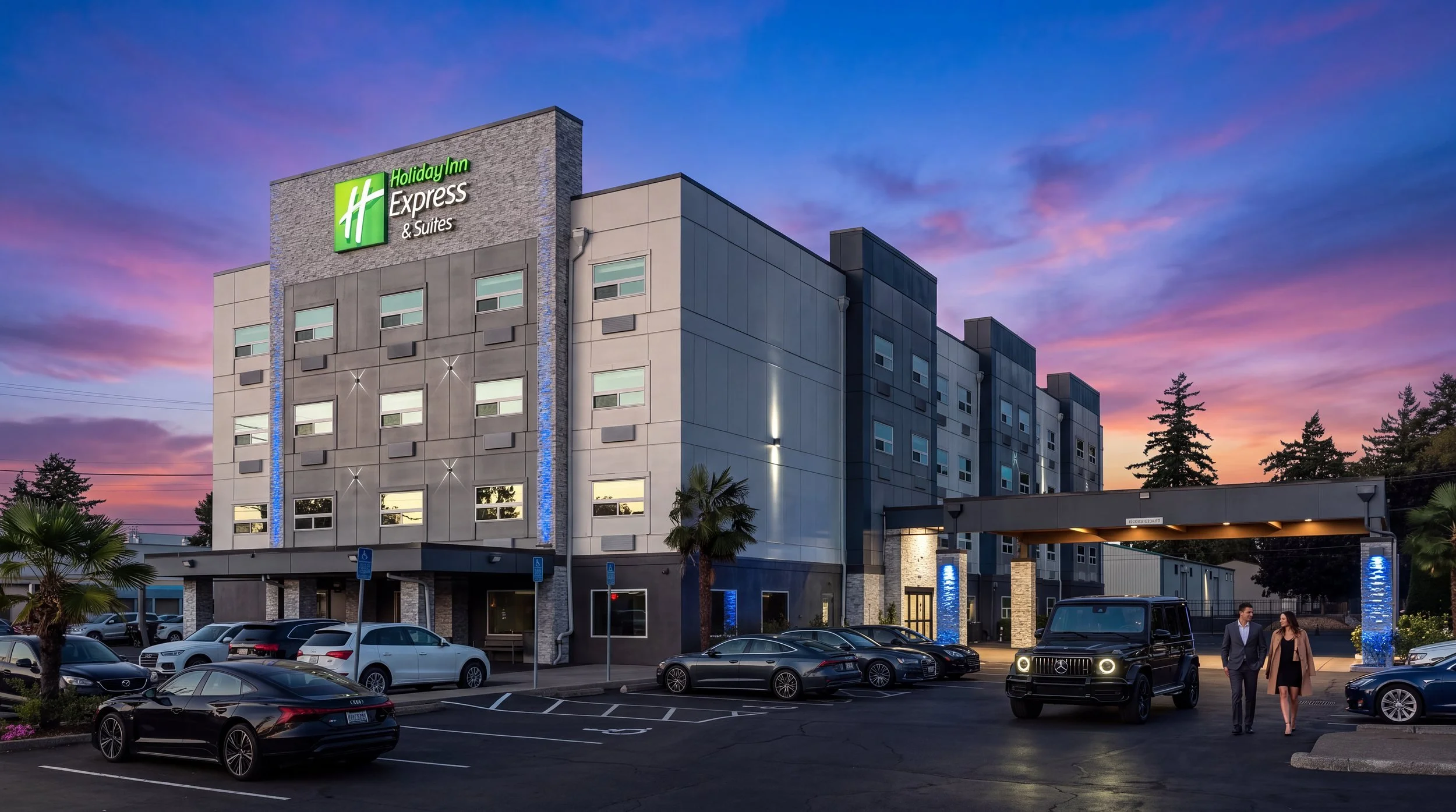 Holiday Inn Express & Suites exterior at dusk, with stone-clad tower, lit signage and the covered entry