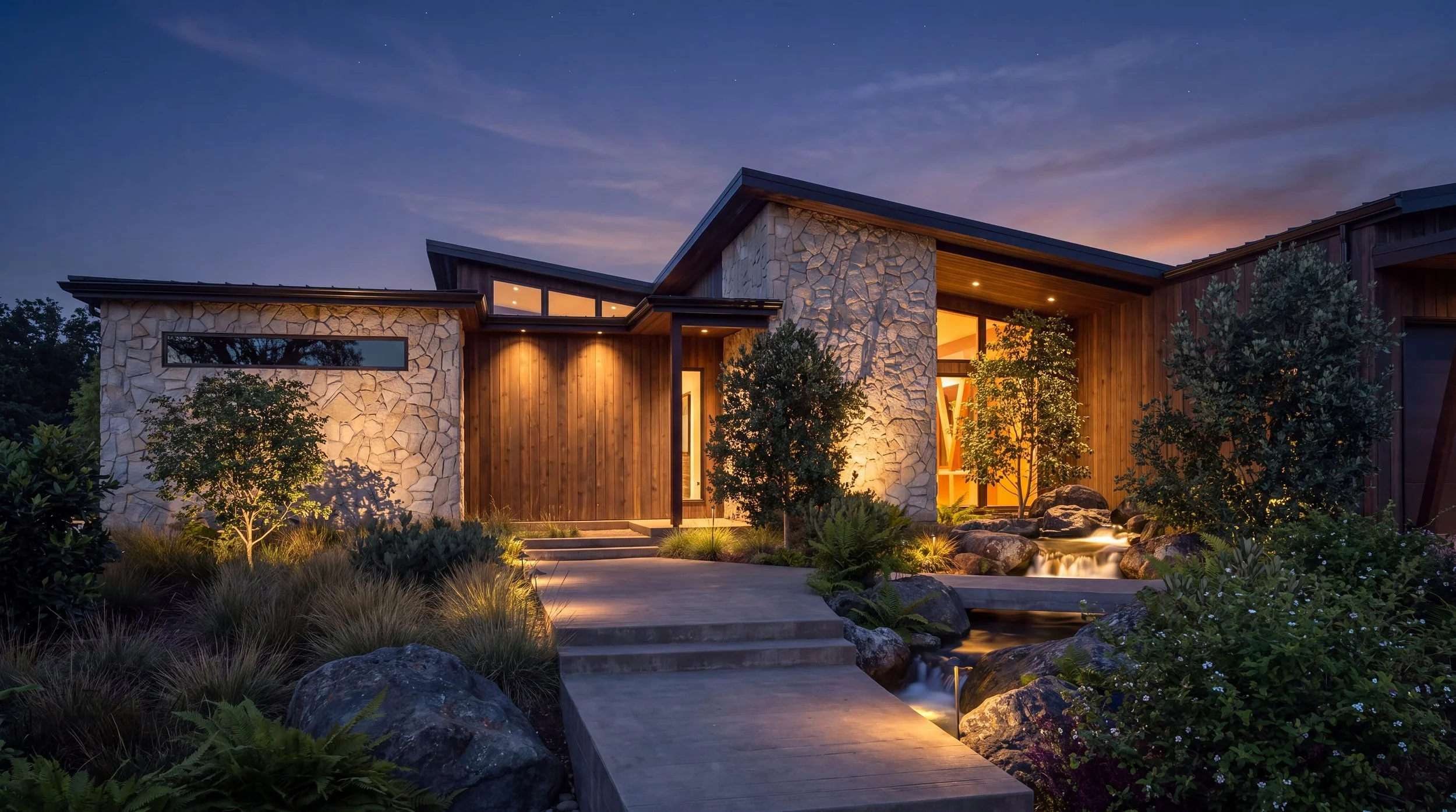 Vancouver Residence front entry lit at dusk