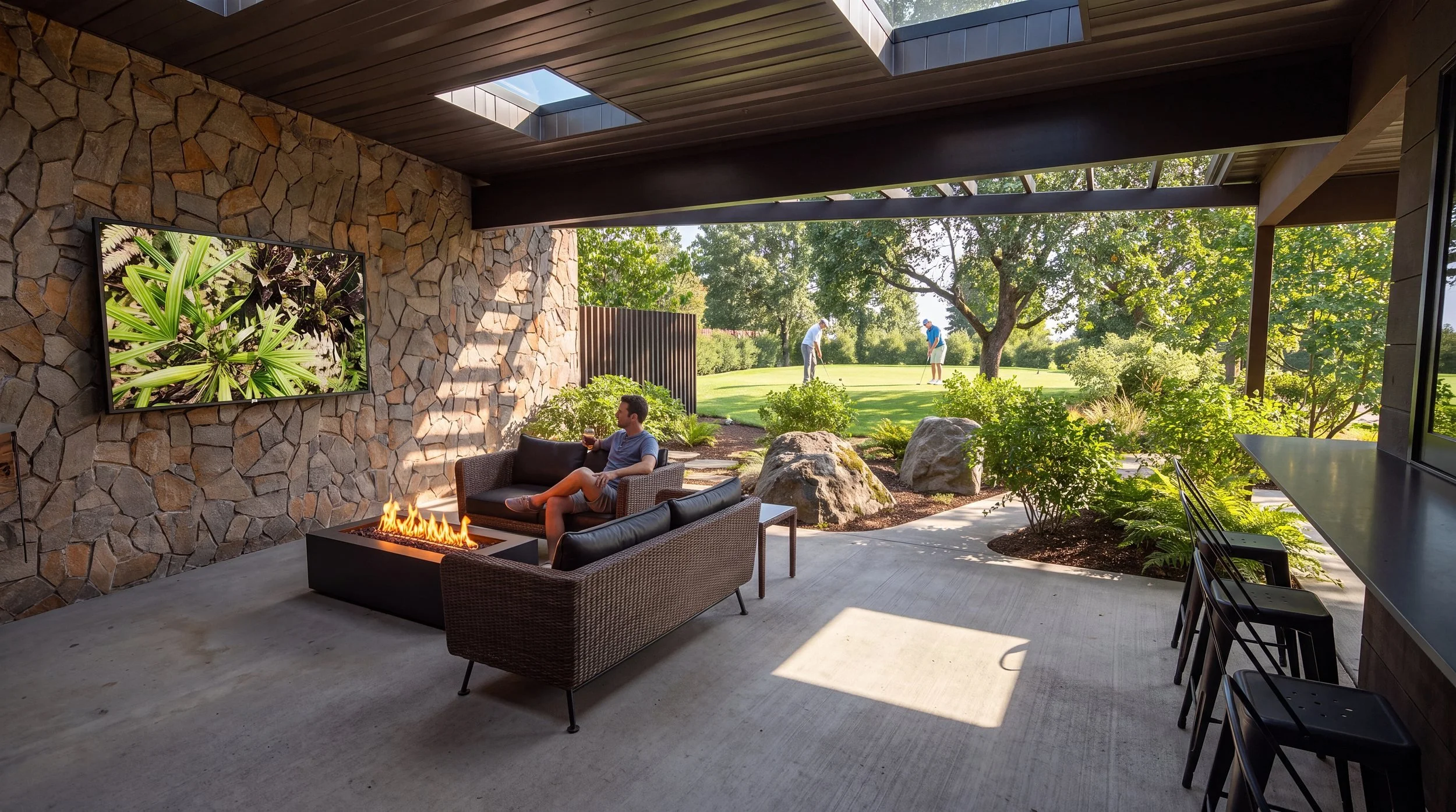 Vancouver Residence covered outdoor living room with a stone wall, fire table and bar seating