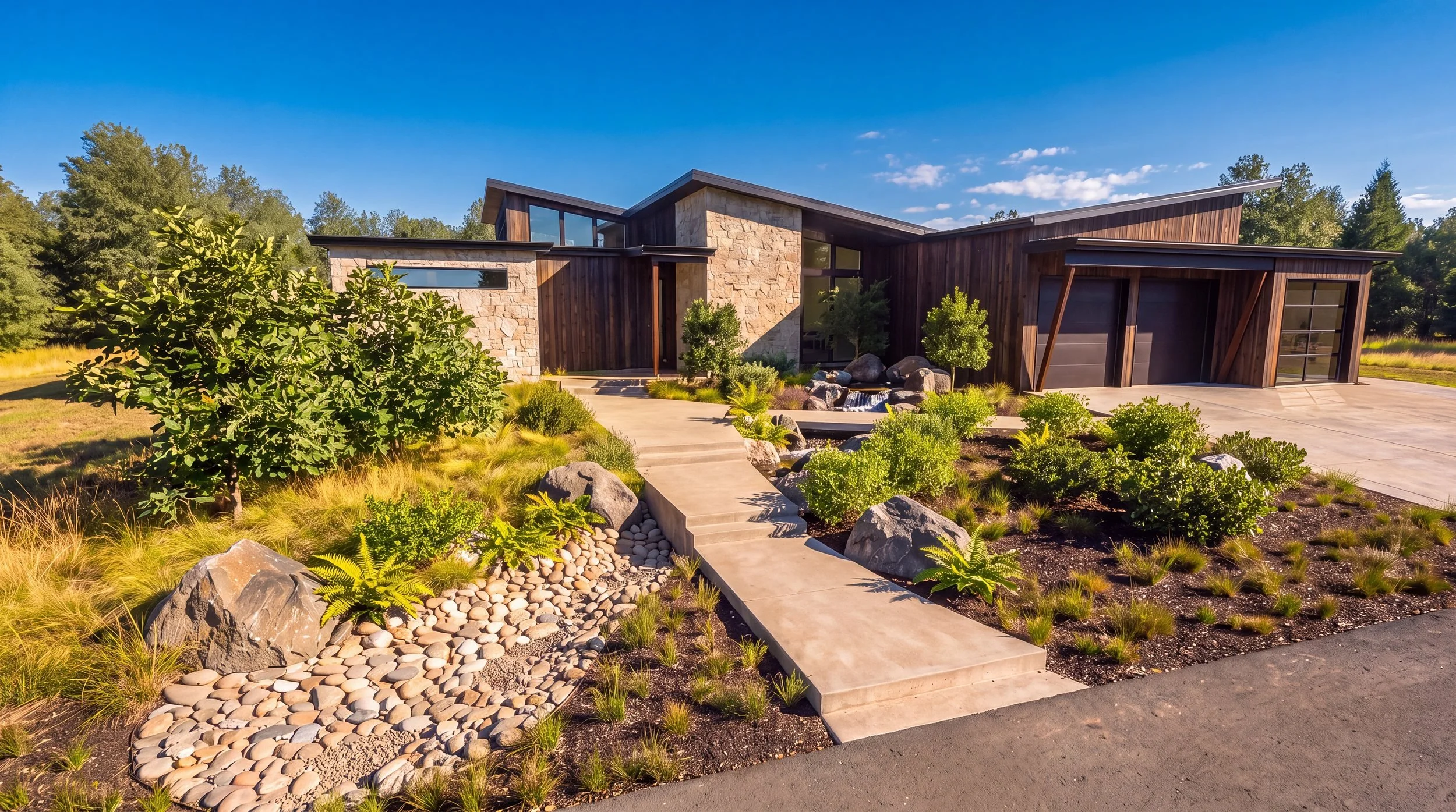 Vancouver Residence front in daylight, with stone and dark wood siding and a landscaped walkway