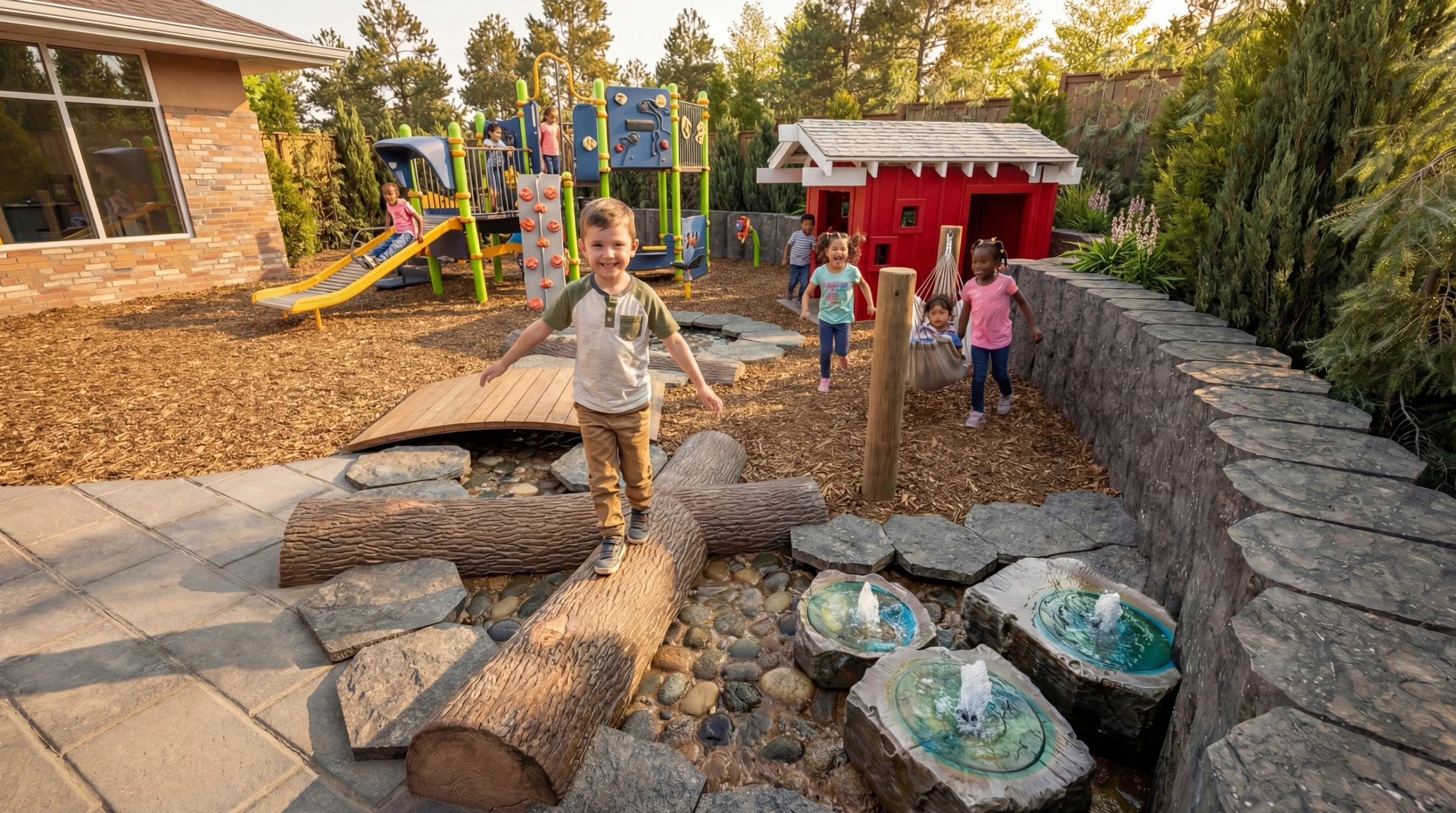 Nature play area with log balance beams, a footbridge and bubbling water features