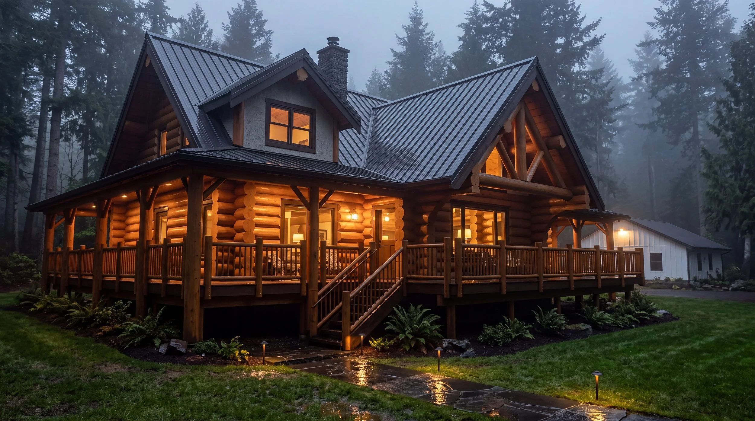 Log home with a lit wraparound porch at dusk in the fog