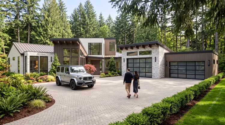 The Genesis front exterior, a modern home of stone, wood and metal siding with a paver motor court among tall firs