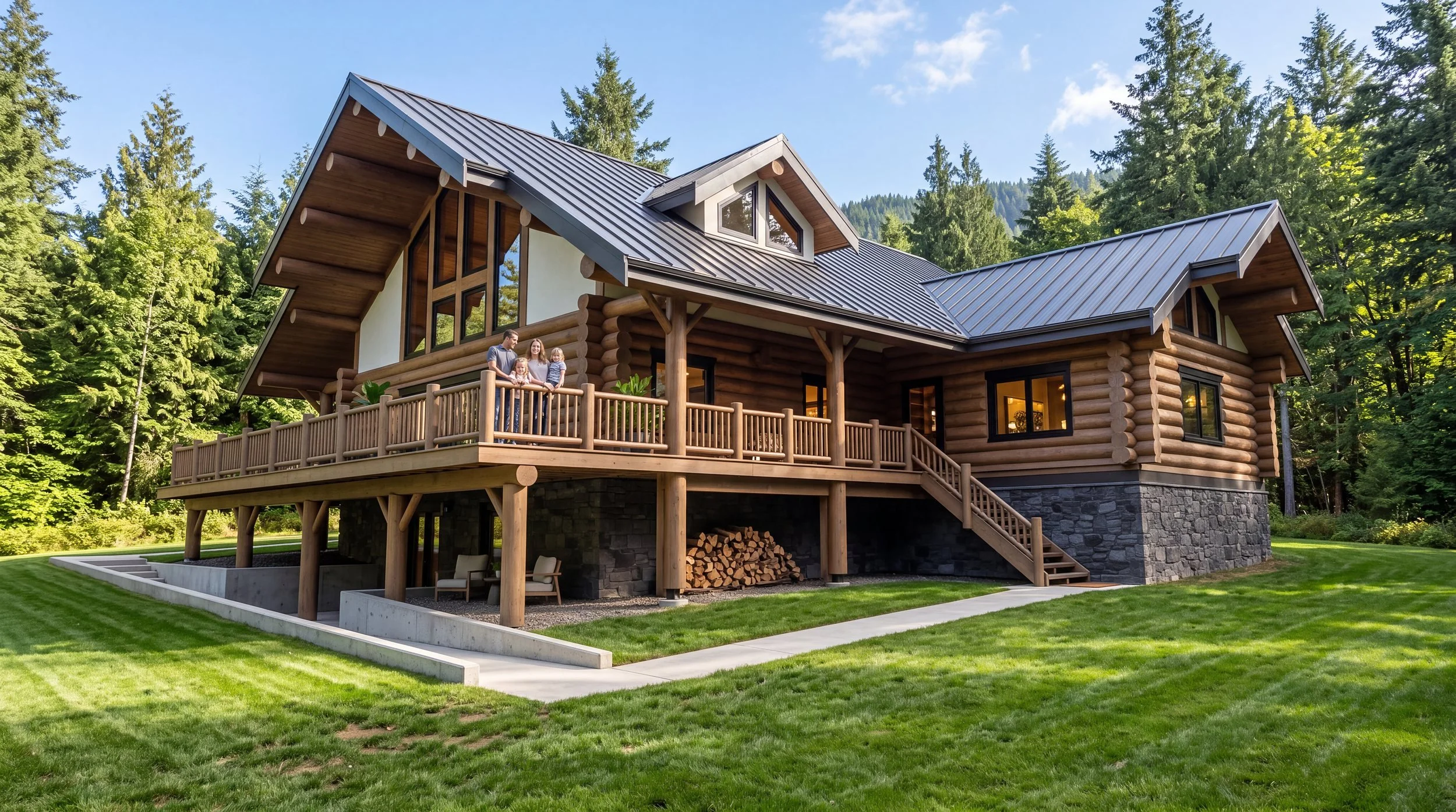 Two-story log home with a wraparound deck, stone base and covered patio below