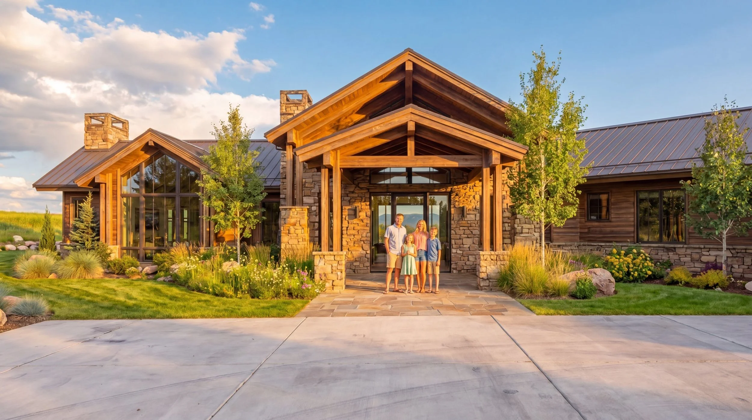 Woodland Residence timber-frame entry porch with stone columns at golden hour