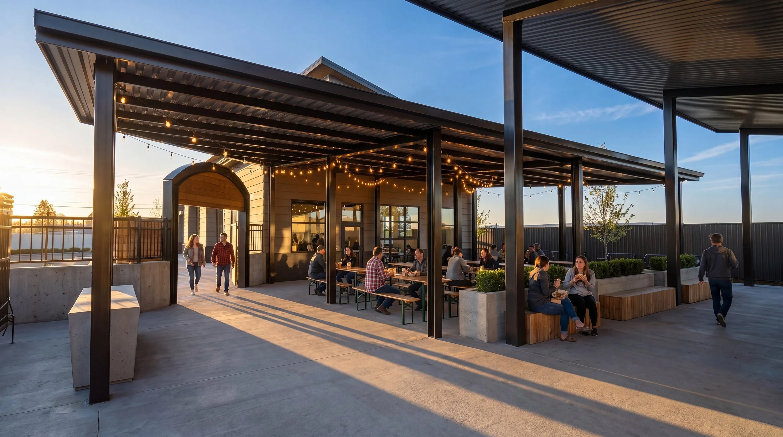 Orchards Station covered seating pavilion with string lights at golden hour