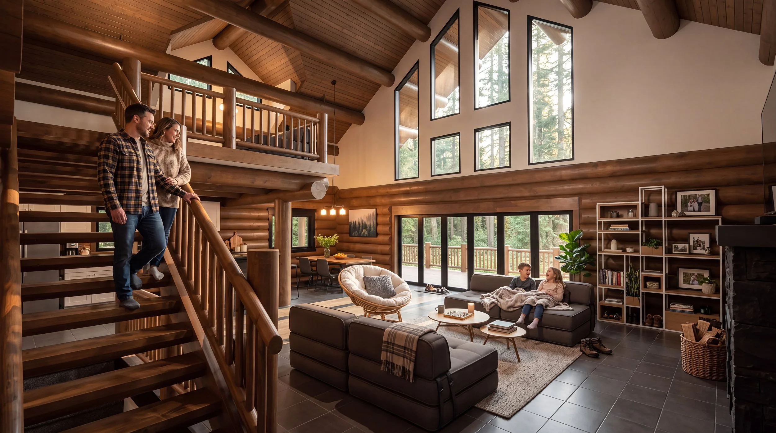 Log home great room with a vaulted ceiling, tall windows and a log stair to the loft