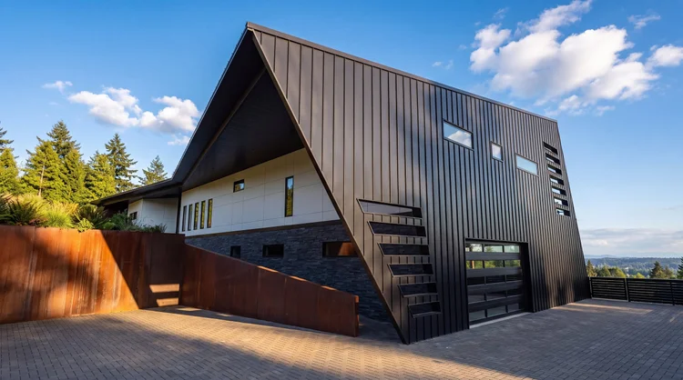 Dennis Residence, garage and Corten steel walls in daylight