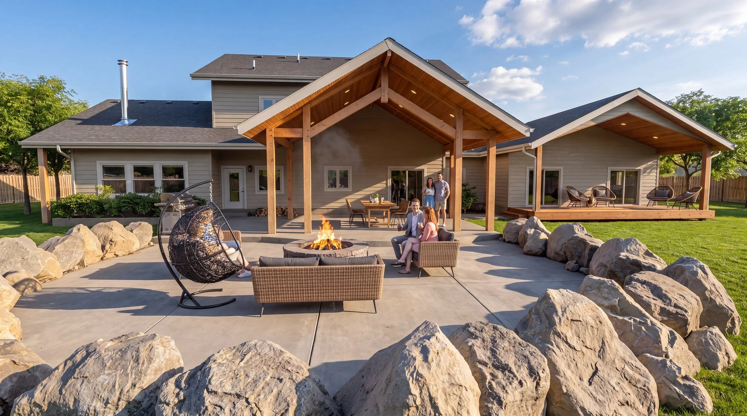 The Nelson Addition fire-pit patio framed by boulders, with lounge seating facing the covered patio