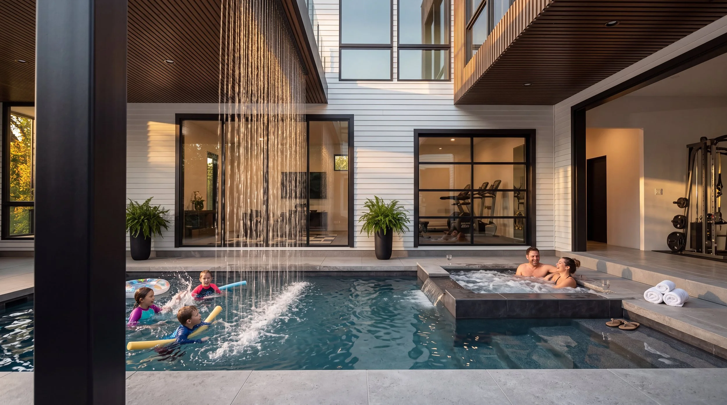 The Genesis courtyard pool with a rain curtain, spa and glass-walled home gym