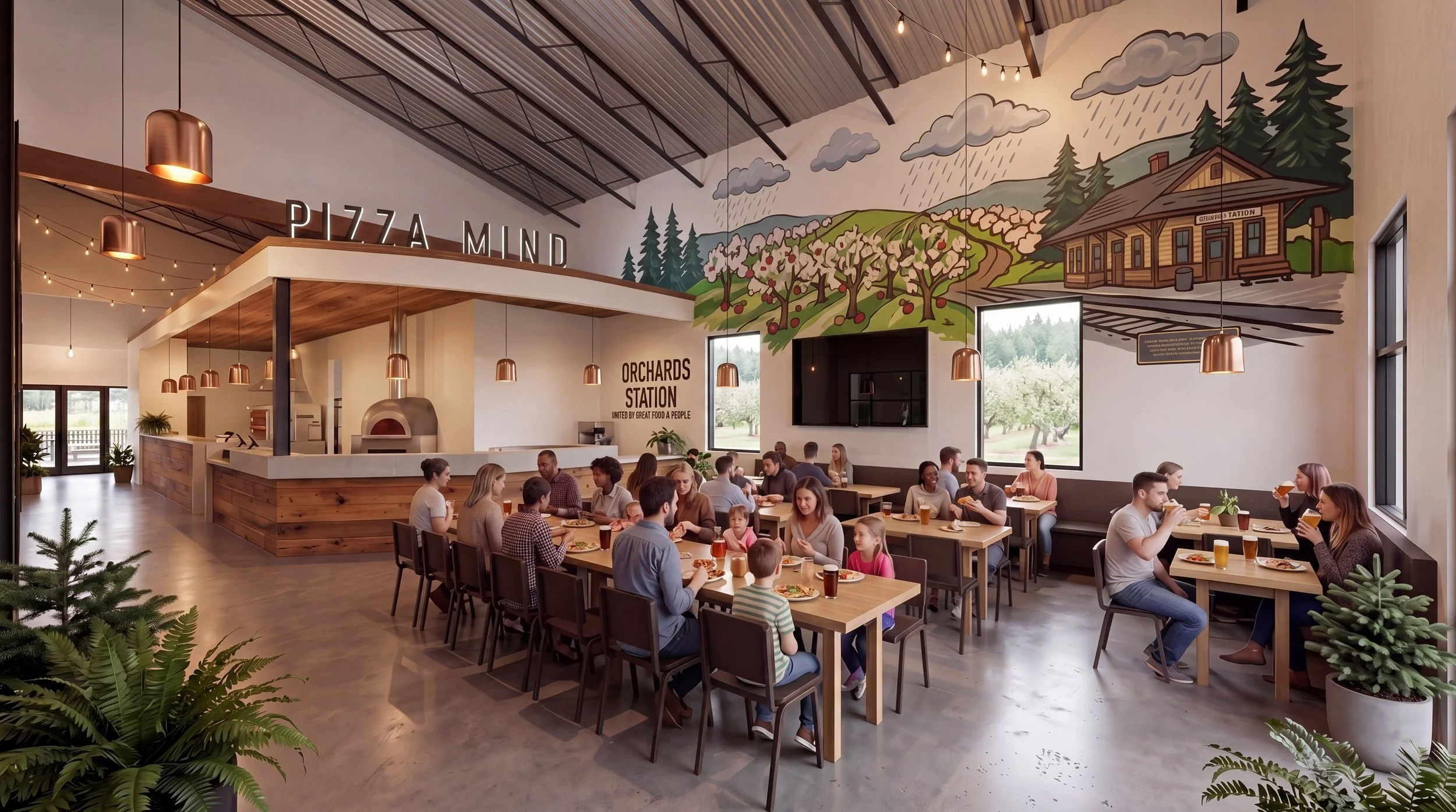 Orchards Station interior dining hall with a pizza counter and an orchard mural