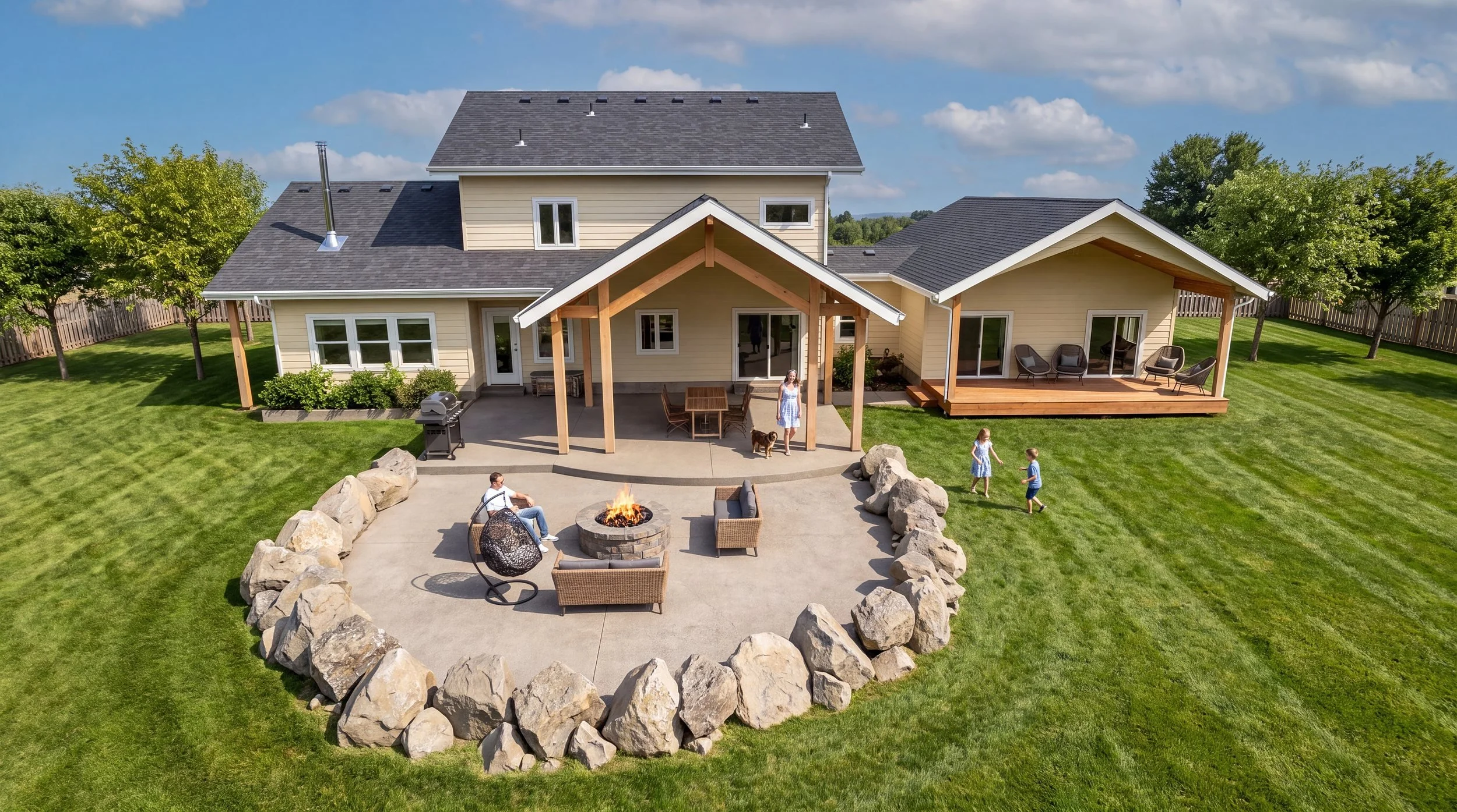 Aerial view of The Nelson Addition, a timber-frame covered patio added to a two-story home, with a boulder-ringed fire pit on the lawn