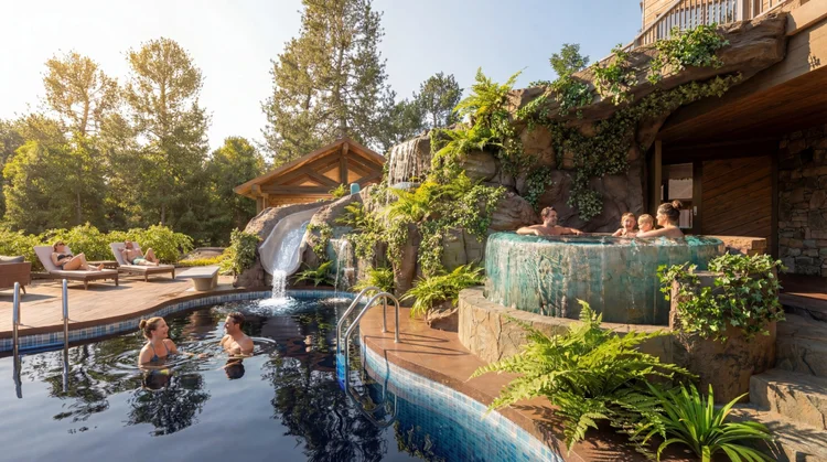 Family in the raised spa beside rock waterfalls and ferns at The Grotto