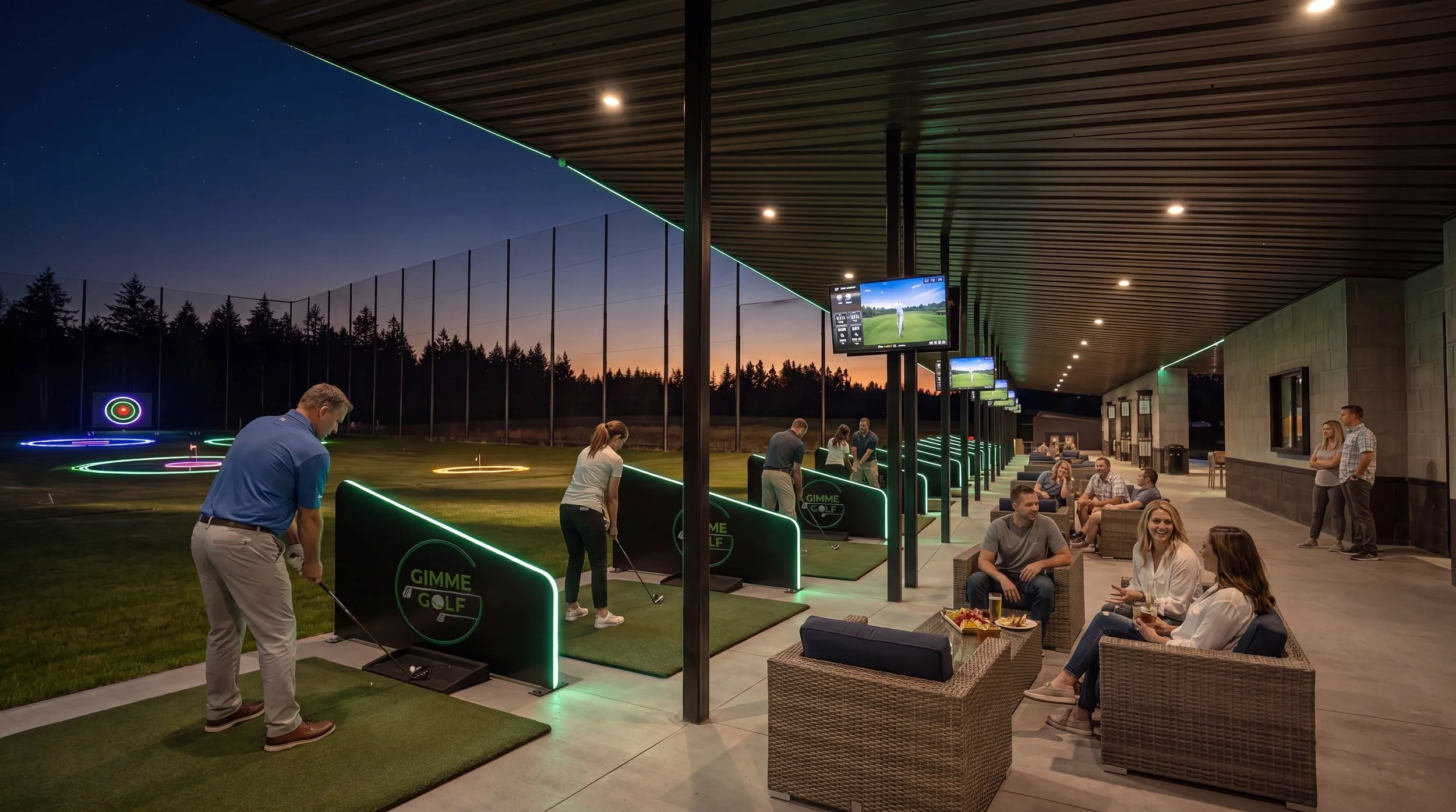 Gimme Golf driving range bays at night with lit targets, screens and lounge seating