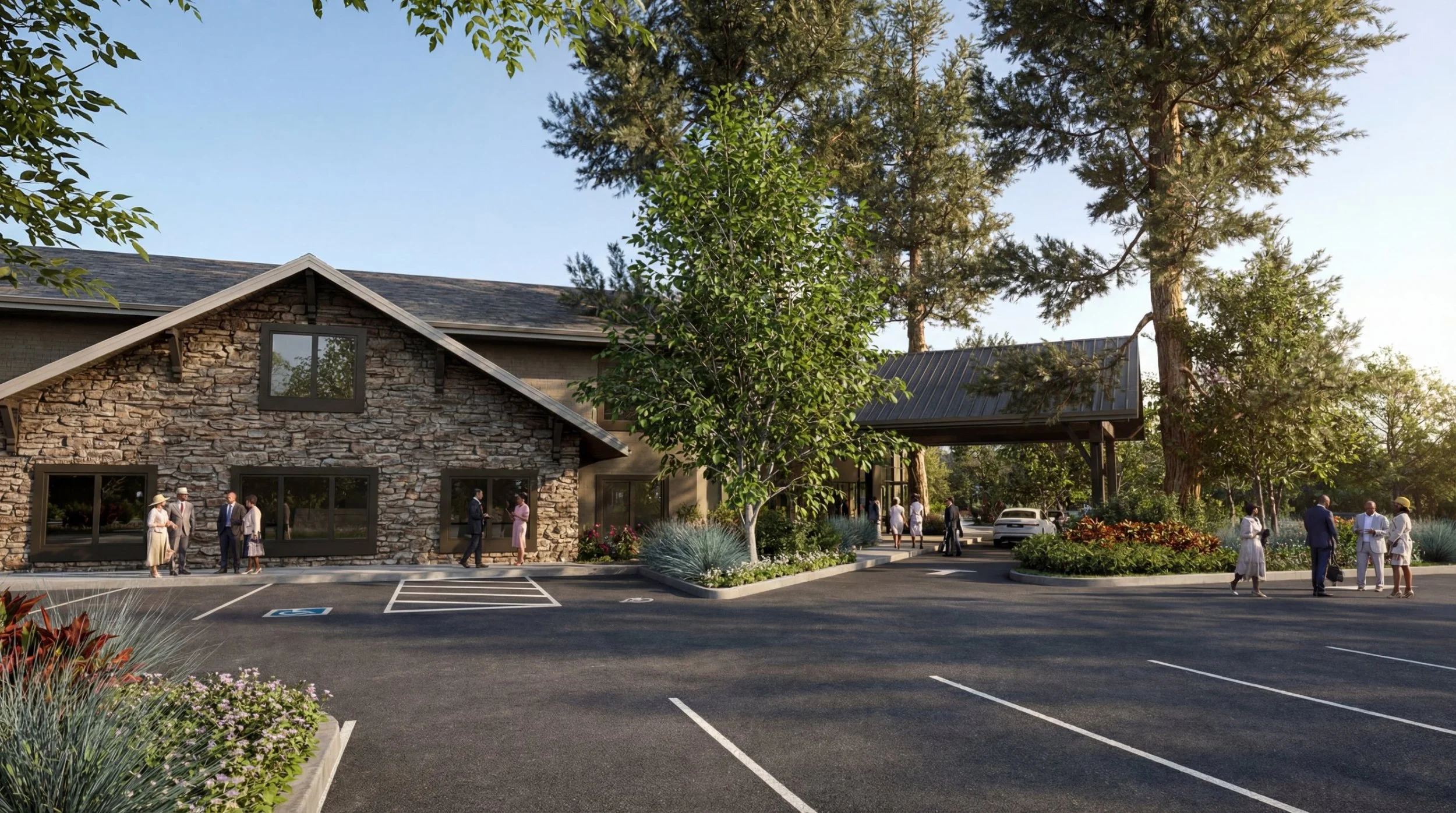 Brush Prairie Church stone gable facade and the covered drop-off with guests gathering