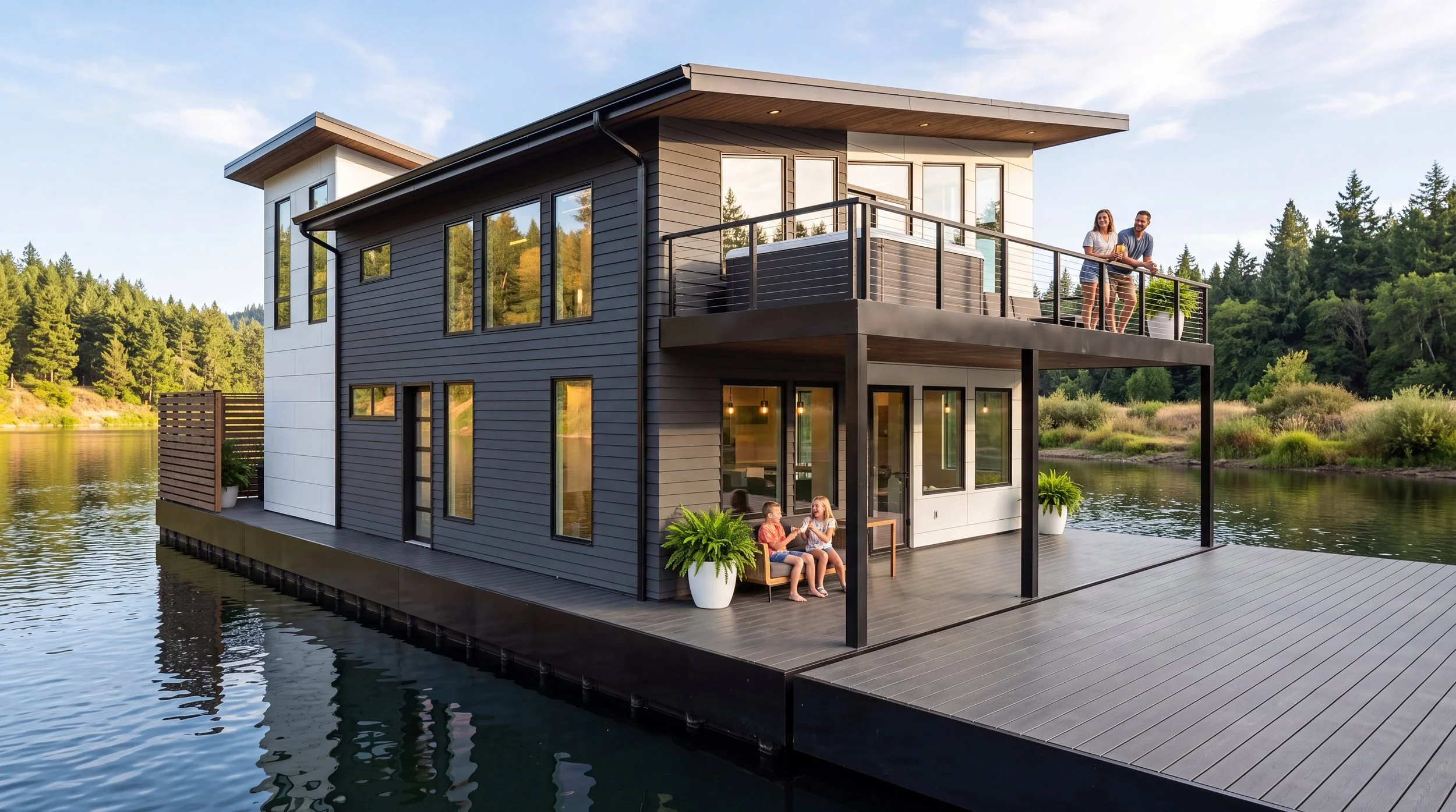 The Golden Floating Home covered deck and upper balcony with a hot tub, at golden hour