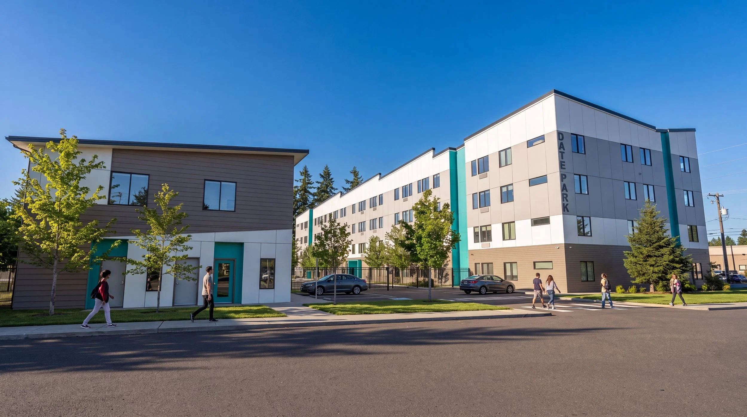 Date Park apartments from the street in daylight, with the DATE PARK sign and residents walking by