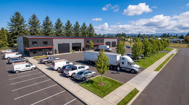 Aerial daytime view of North Fork Industrial buildings, parking and landscaping