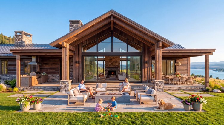 Woodland Residence rear patio with a fire table, outdoor kitchen and a glass gable overlooking the river