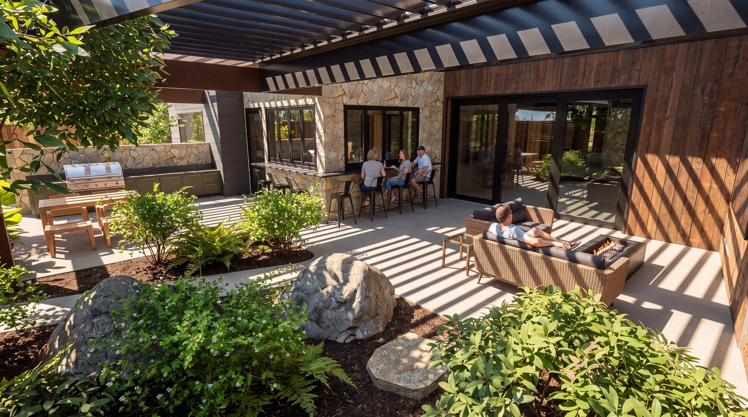 Vancouver Residence covered patio under a slatted pergola with lounge seating