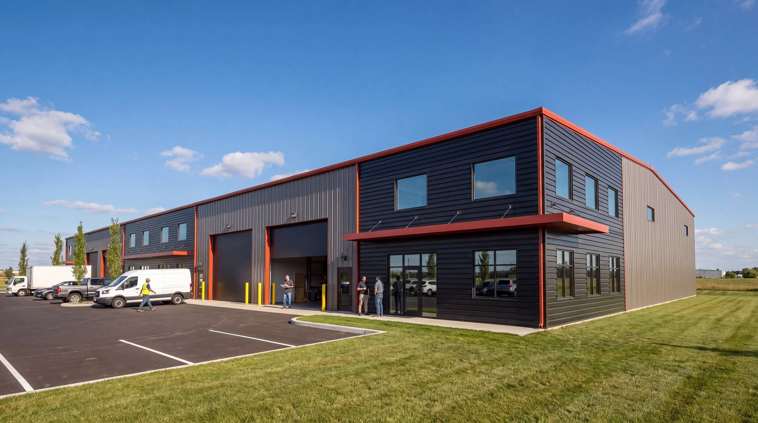 North Fork Industrial building corner in daylight, with dark metal siding, red trim and roll-up bays