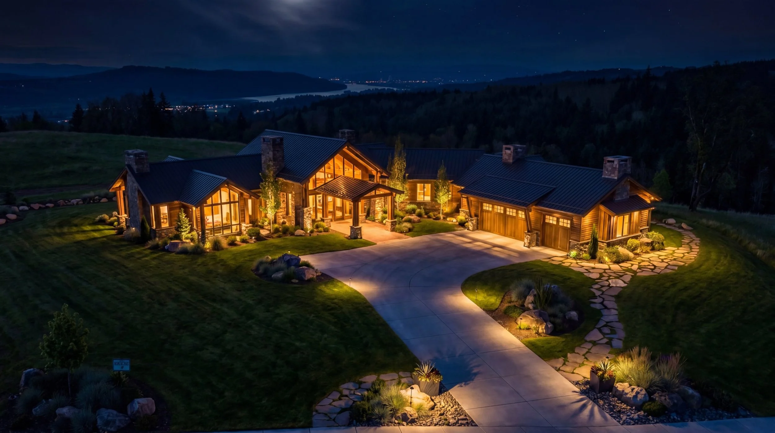 Aerial night view of Woodland Residence lit up above the river valley