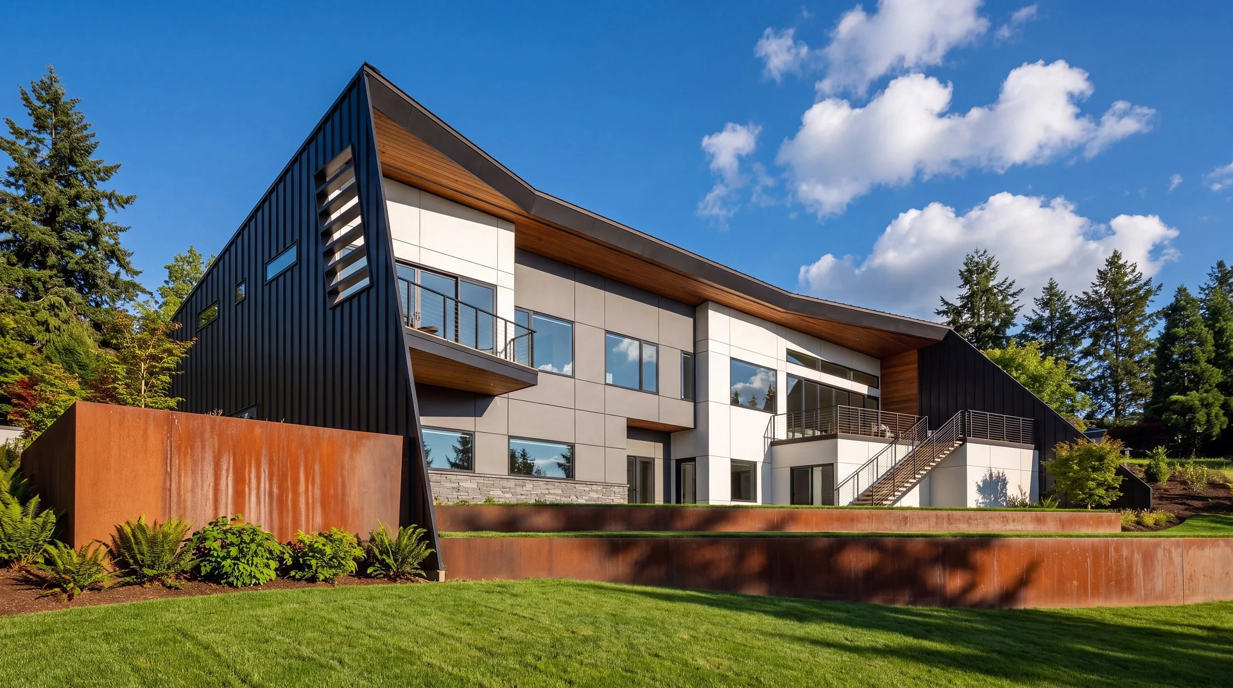 Dennis Residence, exterior with angled metal facade in daylight