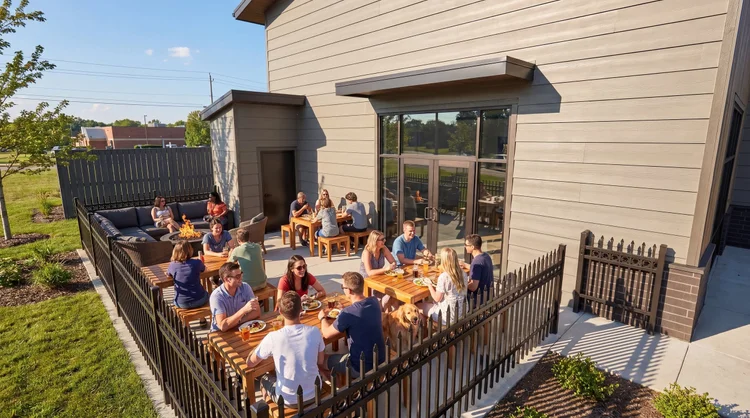 Orchards Station fenced outdoor patio with guests at picnic tables beside the building