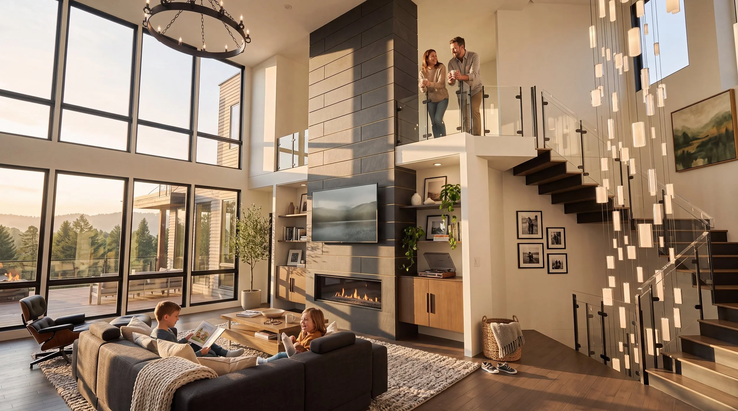 The Genesis double-height living room with a tiled fireplace column, floating stair and loft at golden hour