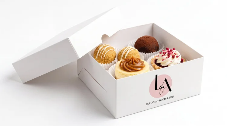 Love & Appetite branded pastry box with cheesecake, truffles and a raspberry tart