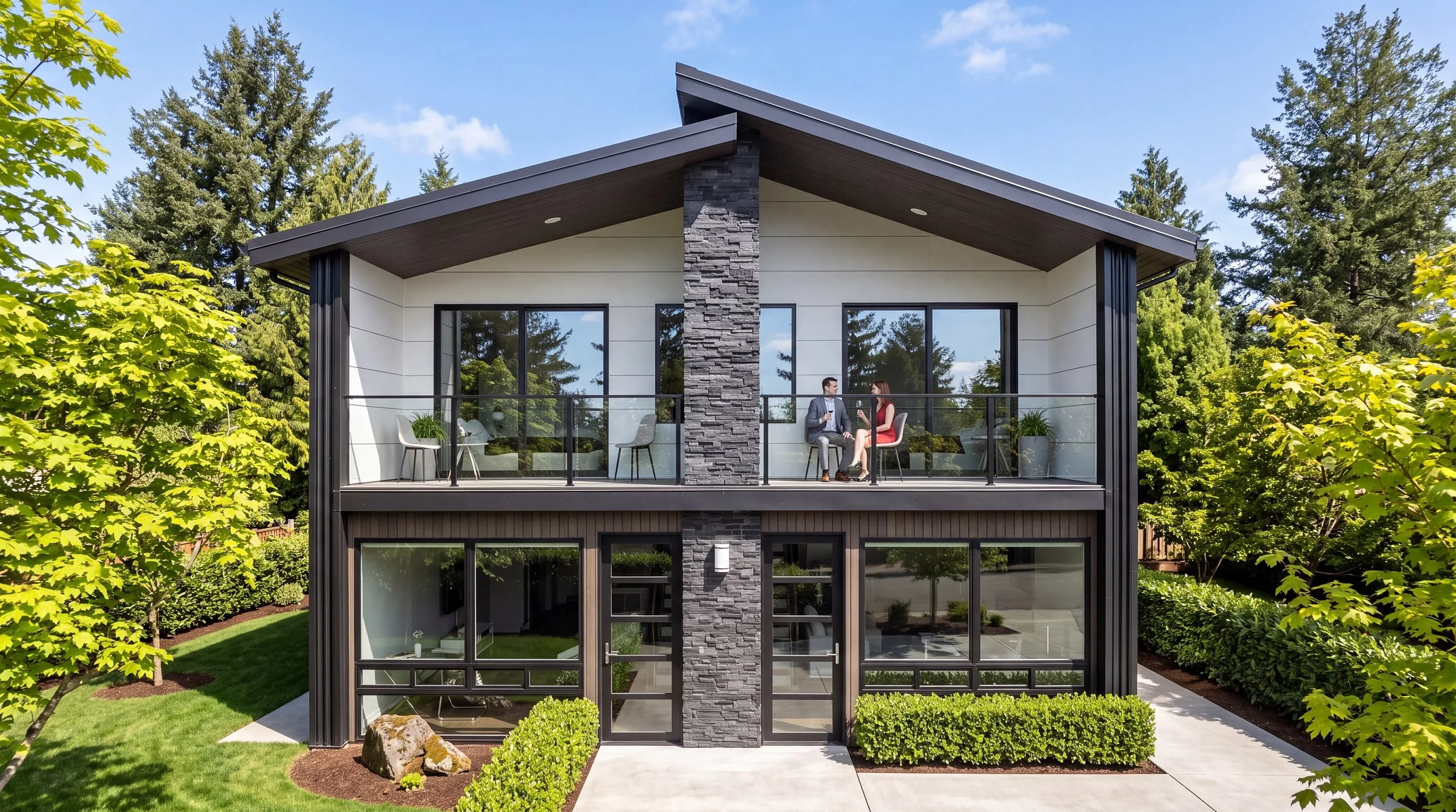 SE Quadplex front elevation with a glass-railed balcony, stone column and full-height glazing