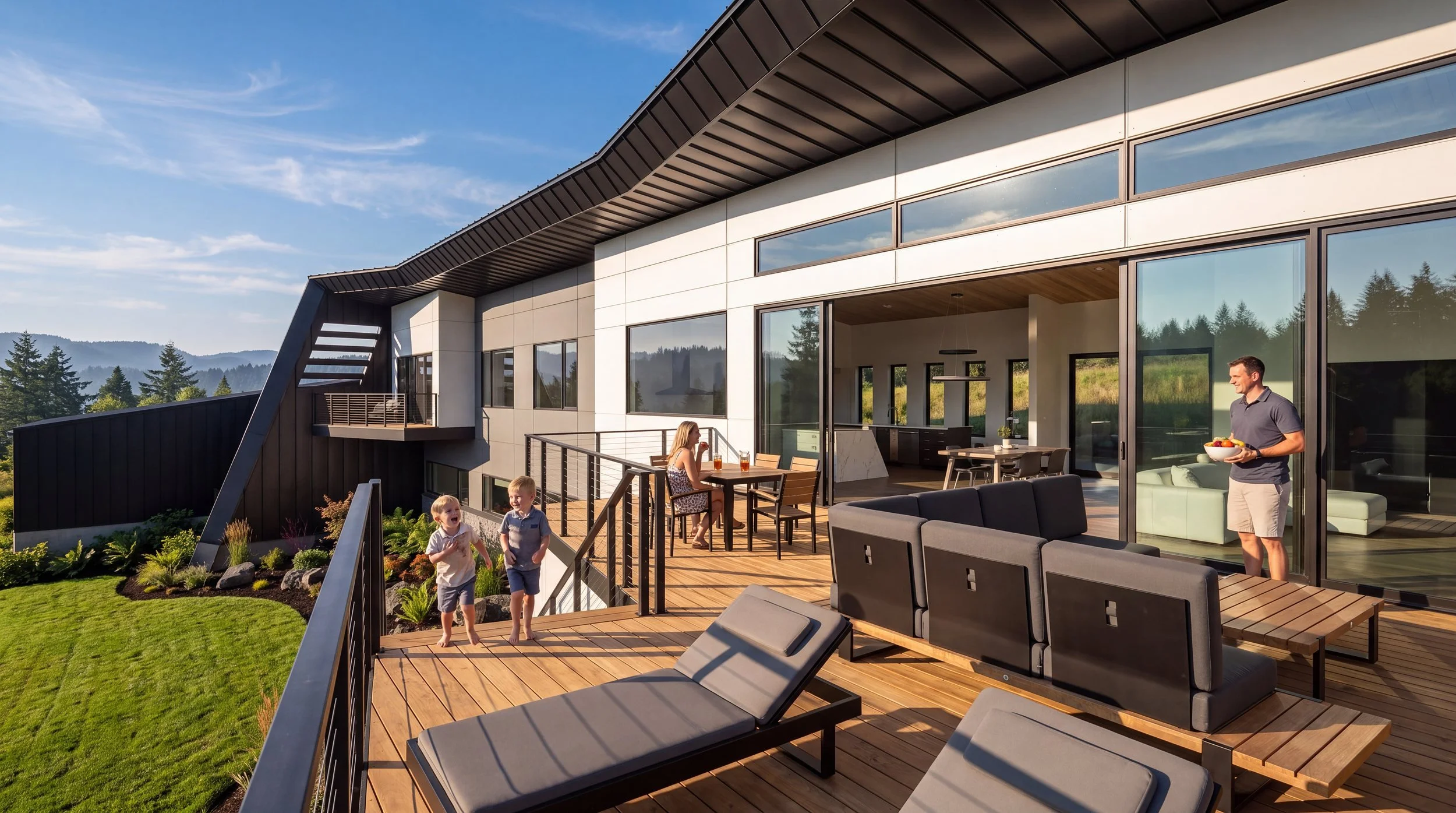 Dennis Residence, rear deck and living room in daylight