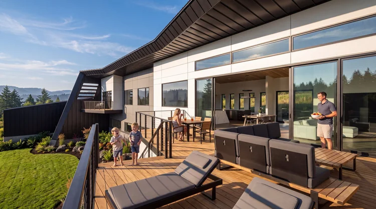 Dennis Residence, rear deck and living room in daylight