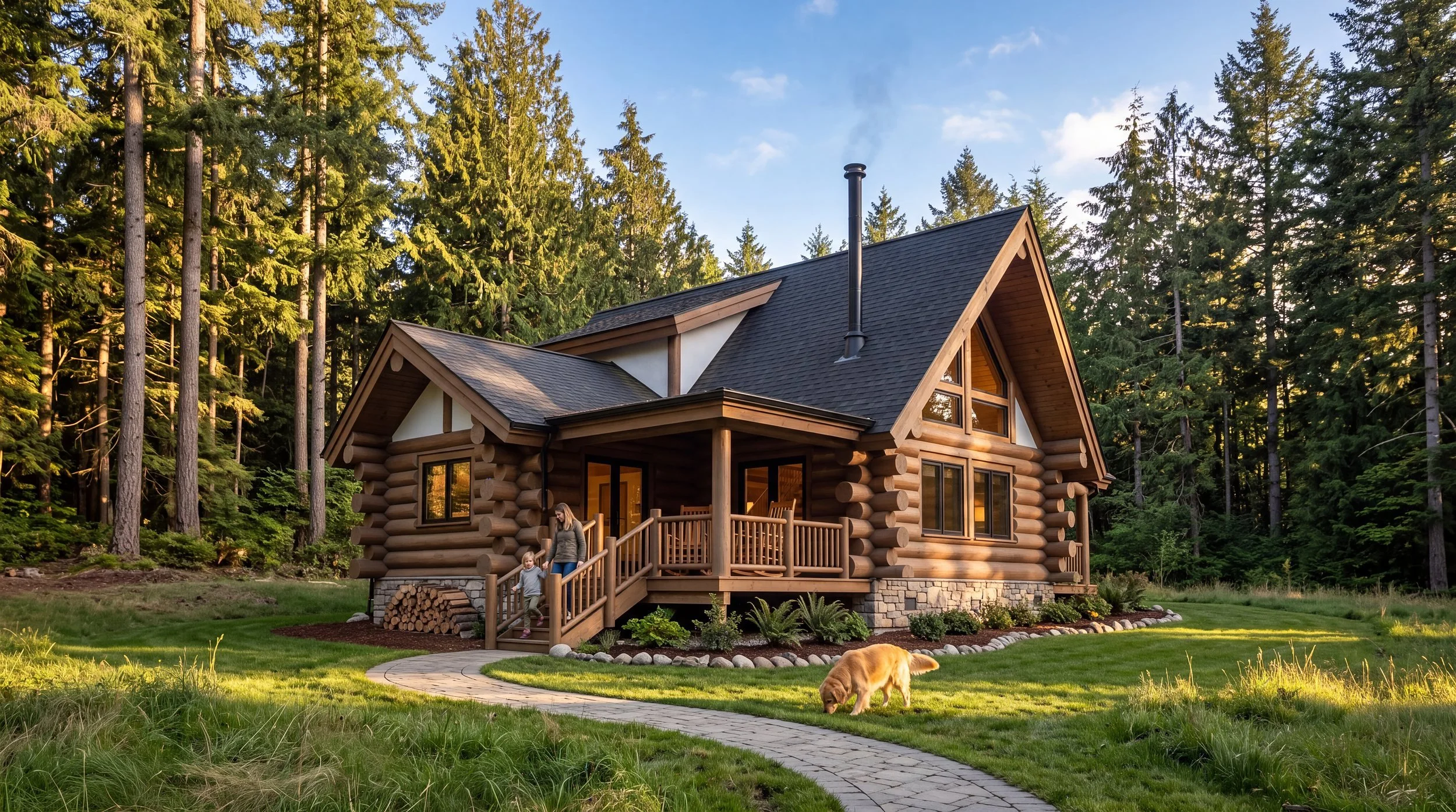 Log cabin with a covered porch and a curving stone path through the meadow