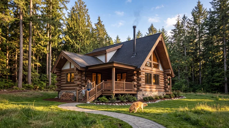 Log cabin with a covered porch and a curving stone path through the meadow
