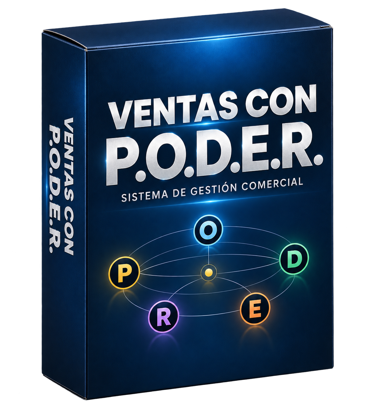 Caja de Ventas con P.O.D.E.R. en perspectiva, sin fondo, con P amarilla a la izquierda, O azul arriba, D verde a la derecha, E naranja y R morada abajo