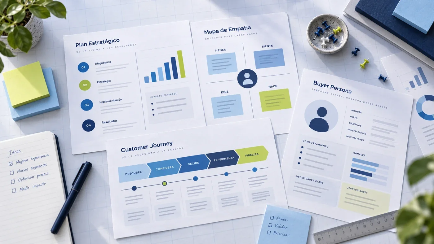 Herramientas de planeación estratégica, mapa de empatía, Customer Journey y Buyer Persona sobre una mesa de trabajo