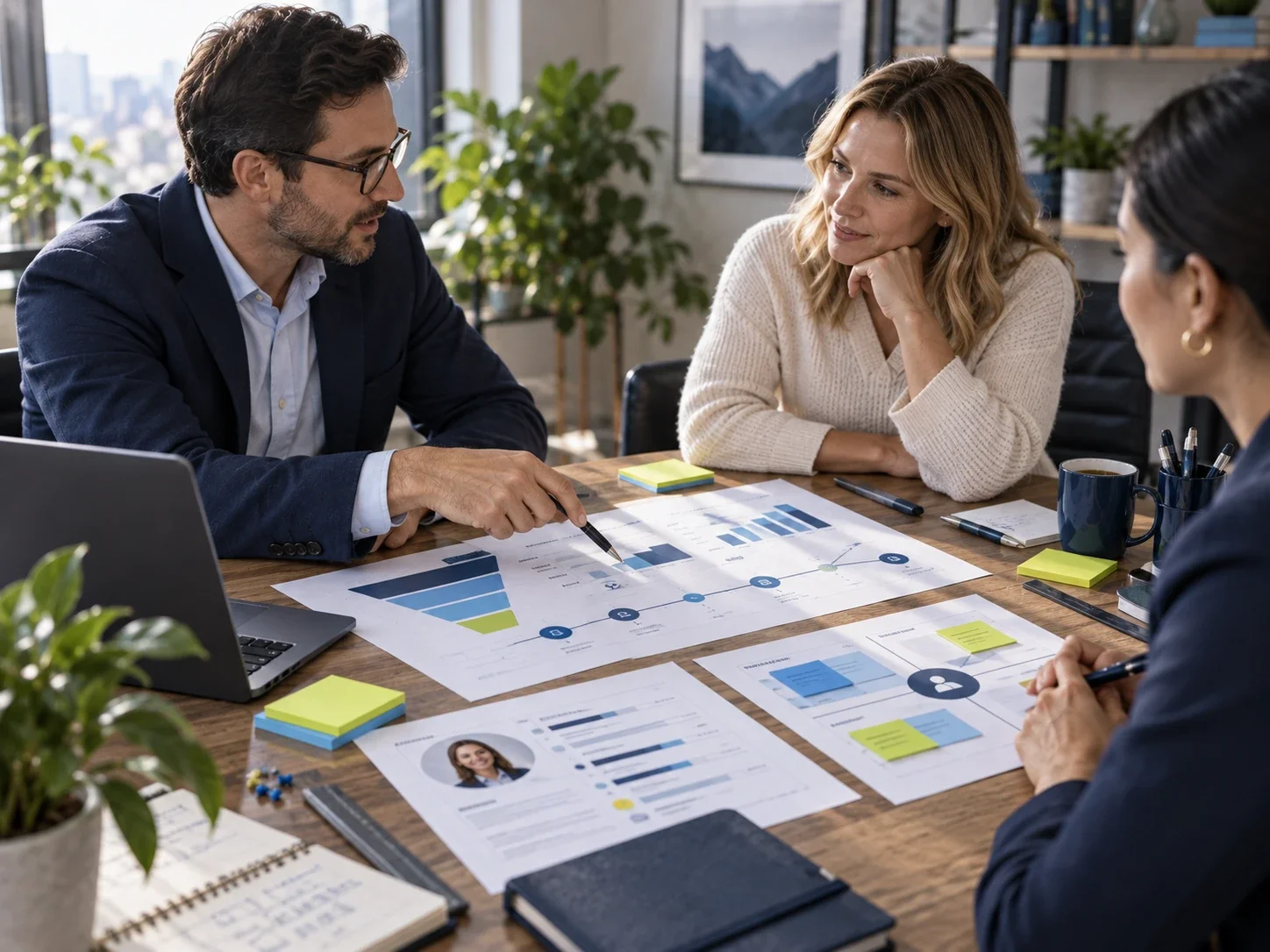 Tres personas conversan y analizan gráficos sobre una mesa de trabajo