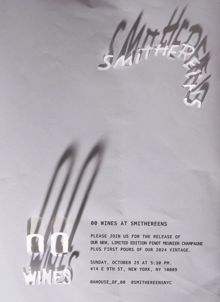 Invitation: 00 Wines at Smithereens, release of a limited-edition Pinot Meunier Champagne and first pours of the 2024 vintage, Sunday, October 25 at 5:30 PM, 414 E 9th St, New York