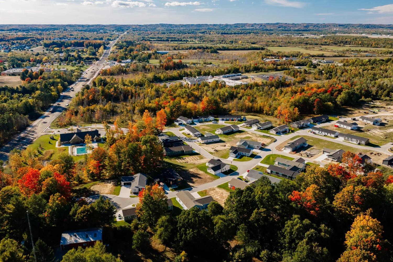 Aerial view of East Bay Township neighborhoods in fall