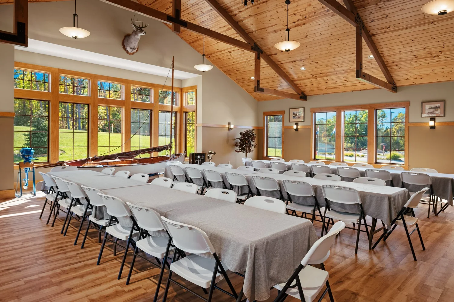 Event hall at the Alta Vista Lodge set with long tables