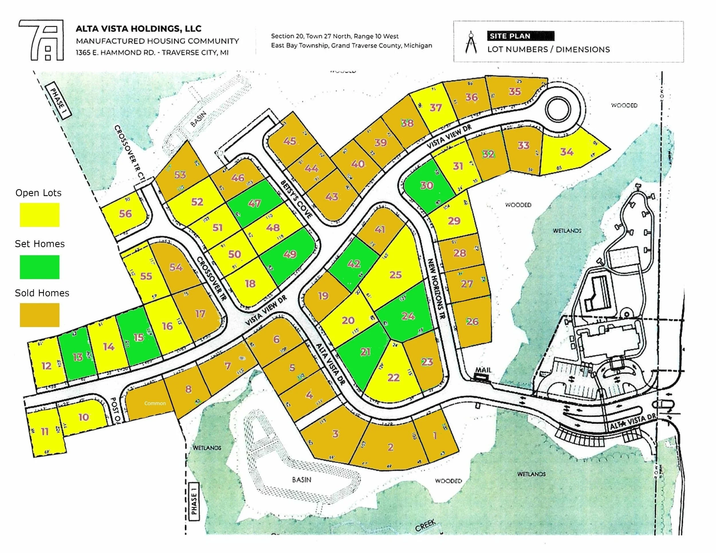 Alta Vista site plan showing lot numbers, open lots, set homes and sold homes